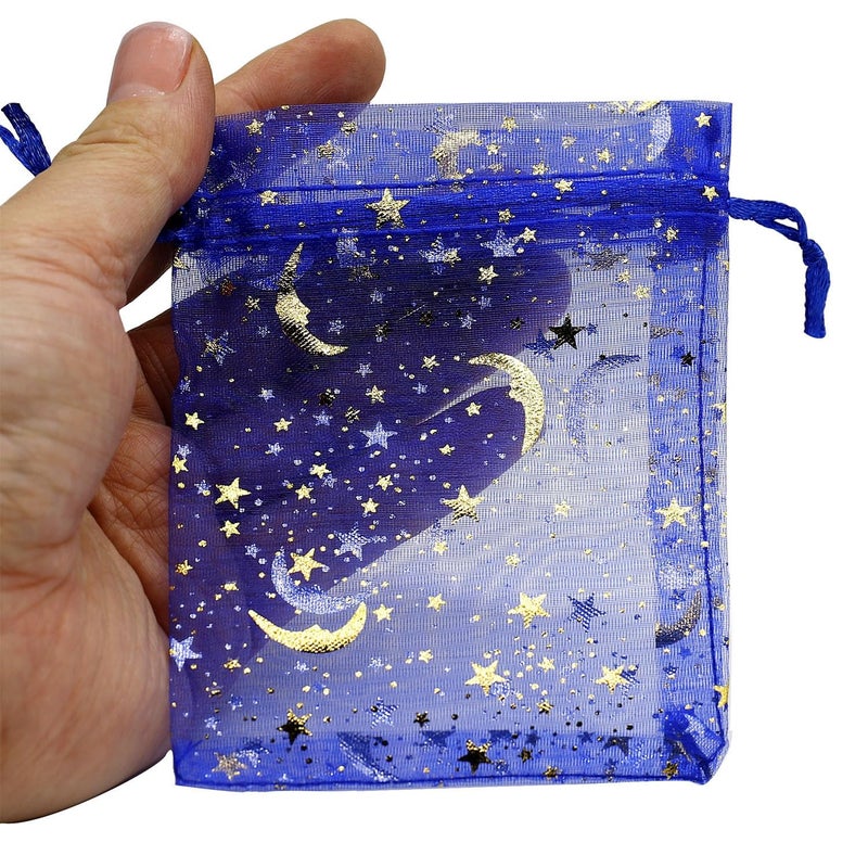 SUNGULF 100Pcs 4x5 Inches Sheer Organza Drawstring Pouches Stars And Moon Wedding Party Favor Jewelry Candy Gift Bags (Blue) - Image 3